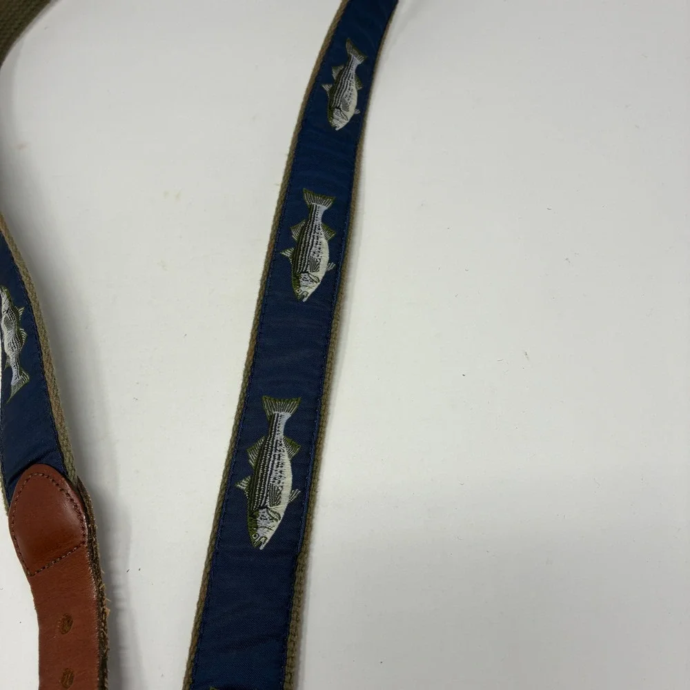 Leather Man Ltd Essex‎ CT Striped Bass Fish Belt Navy Canvas Leather 48 Inch XL